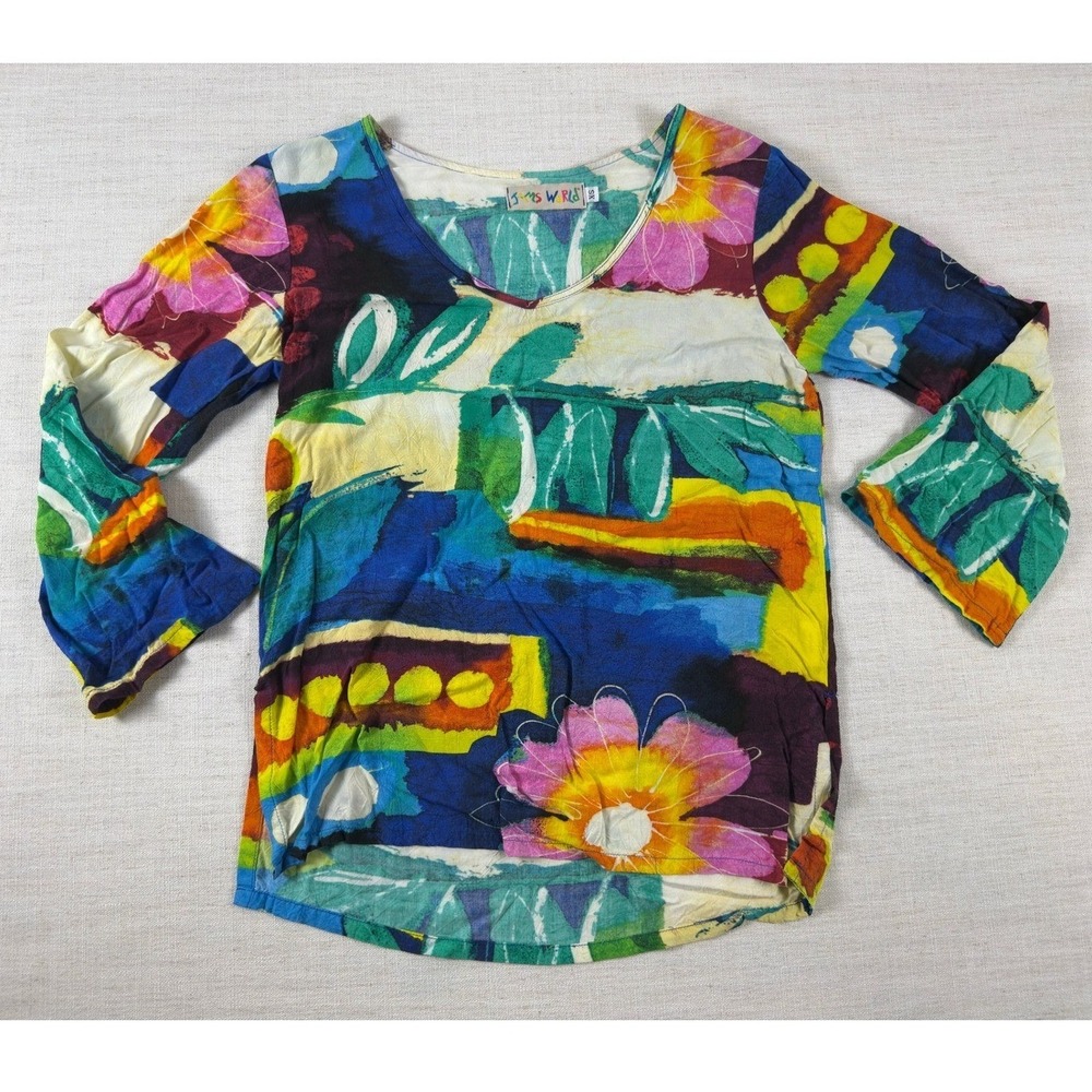 Jams World Womens XS Abstract Floral Rayon V-Neck Long Sleeve Top Multi-Color